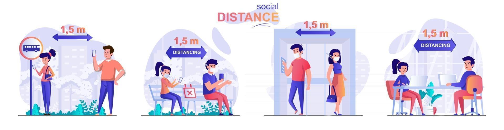 Social distance concept scenes set. vector