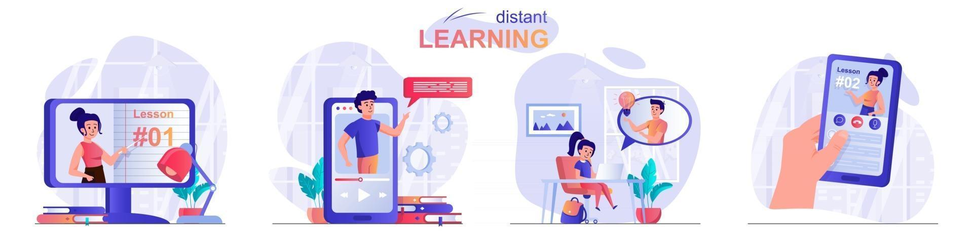 Distant learning concept scenes set vector