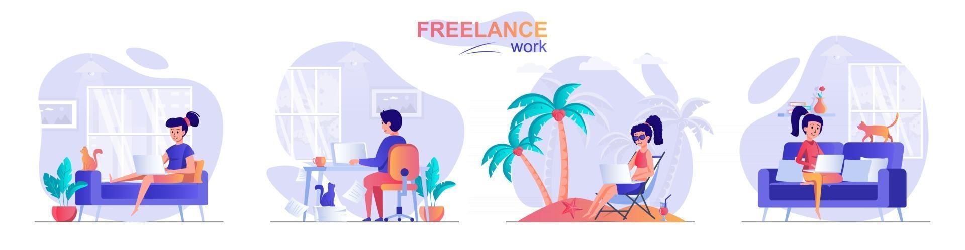 Freelance work concept scenes set vector