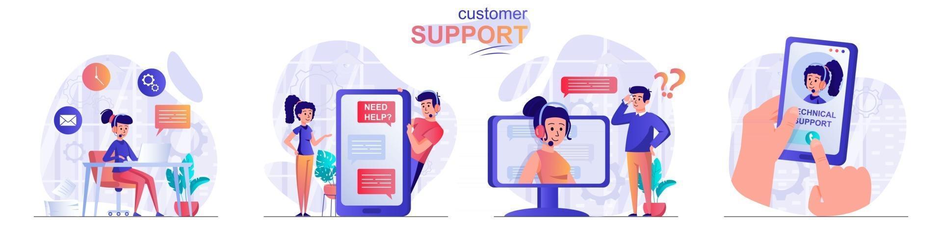 Customer support concept scenes set vector