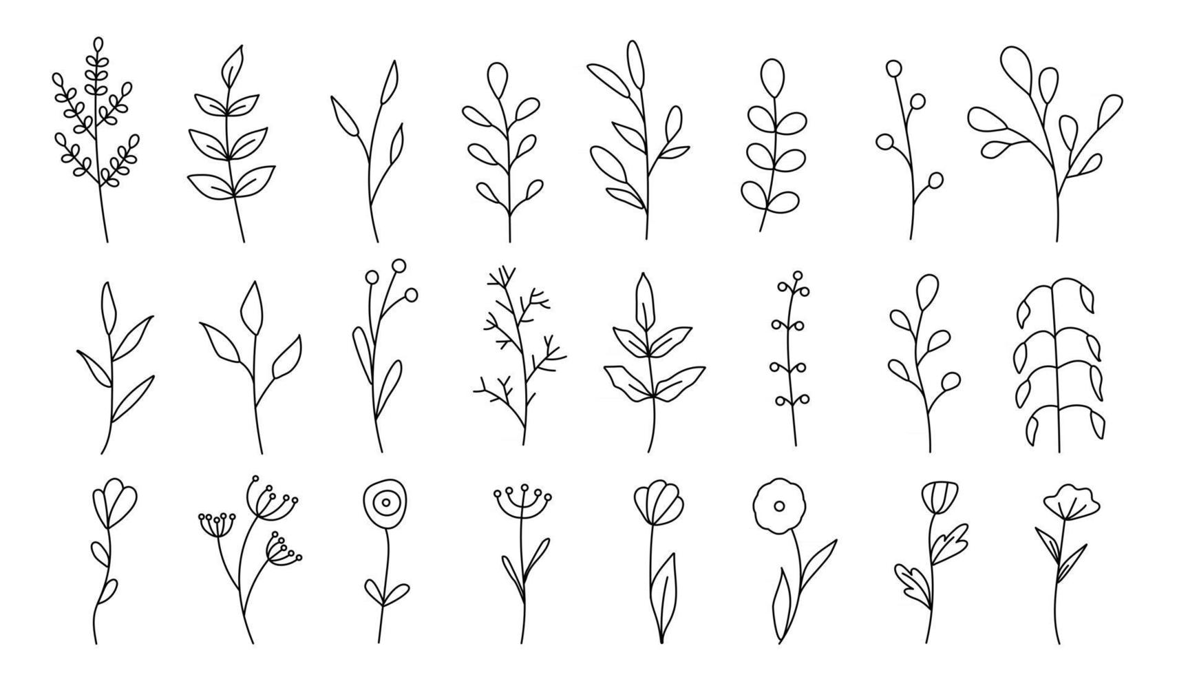 colección de tatuajes florales minimalistas. flores, pasto y hojas 2974498 Vector en Vecteezy