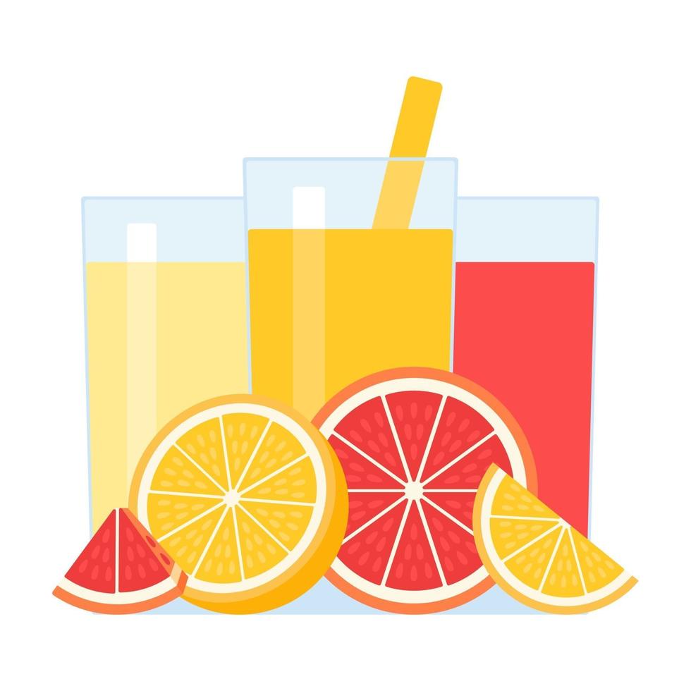 Fresh fruit citrus juice in glass with orange, grapefruit, lemon vector