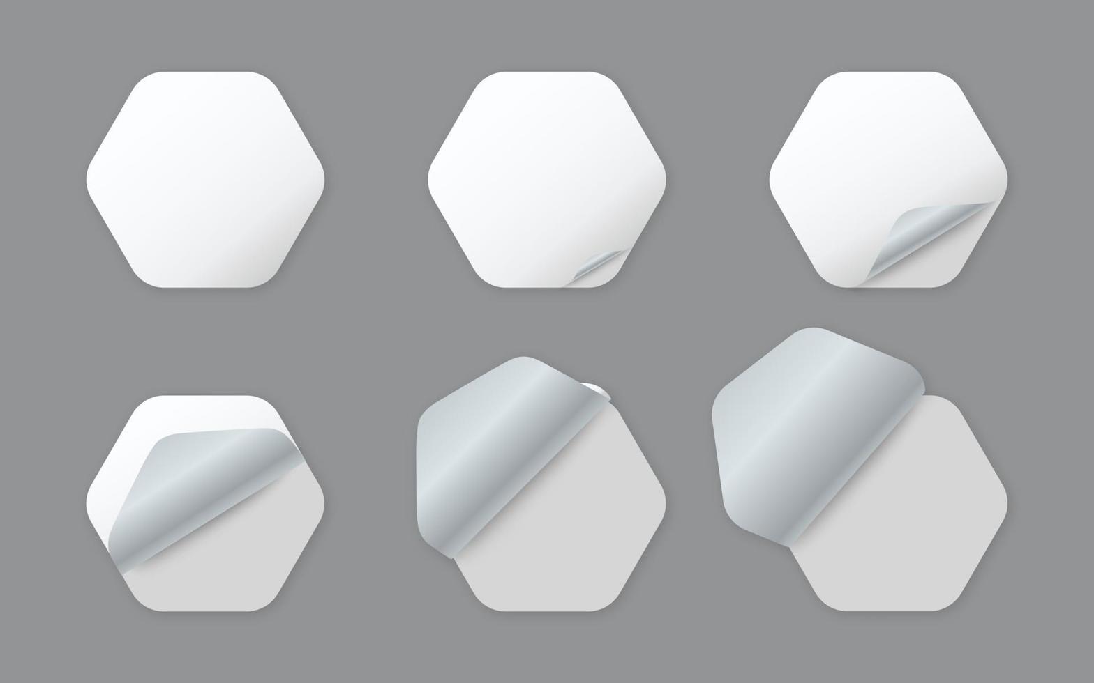 Blank white hexagonal paper stickers with curled corner vector