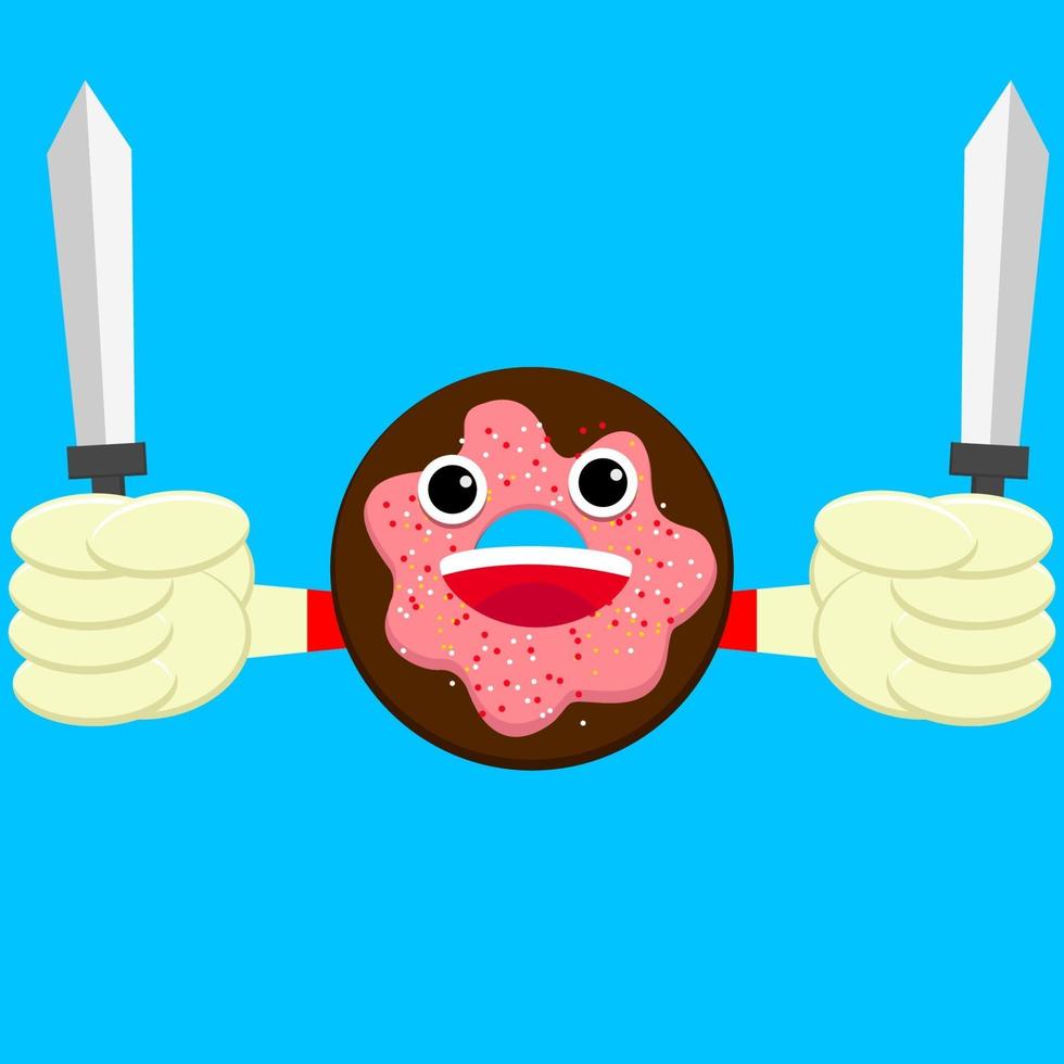 Vector illustration of cute cartoon donut holding swords