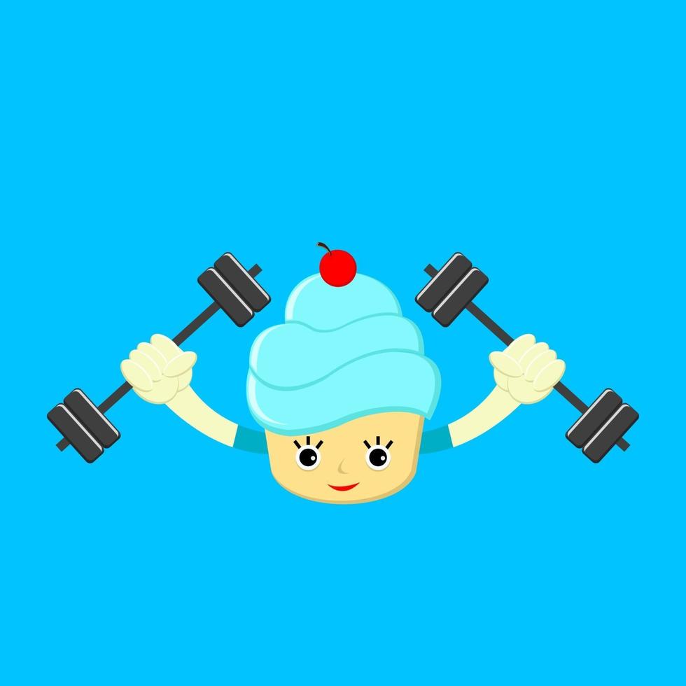 Vector illustration of cute cartoon cake holding weights