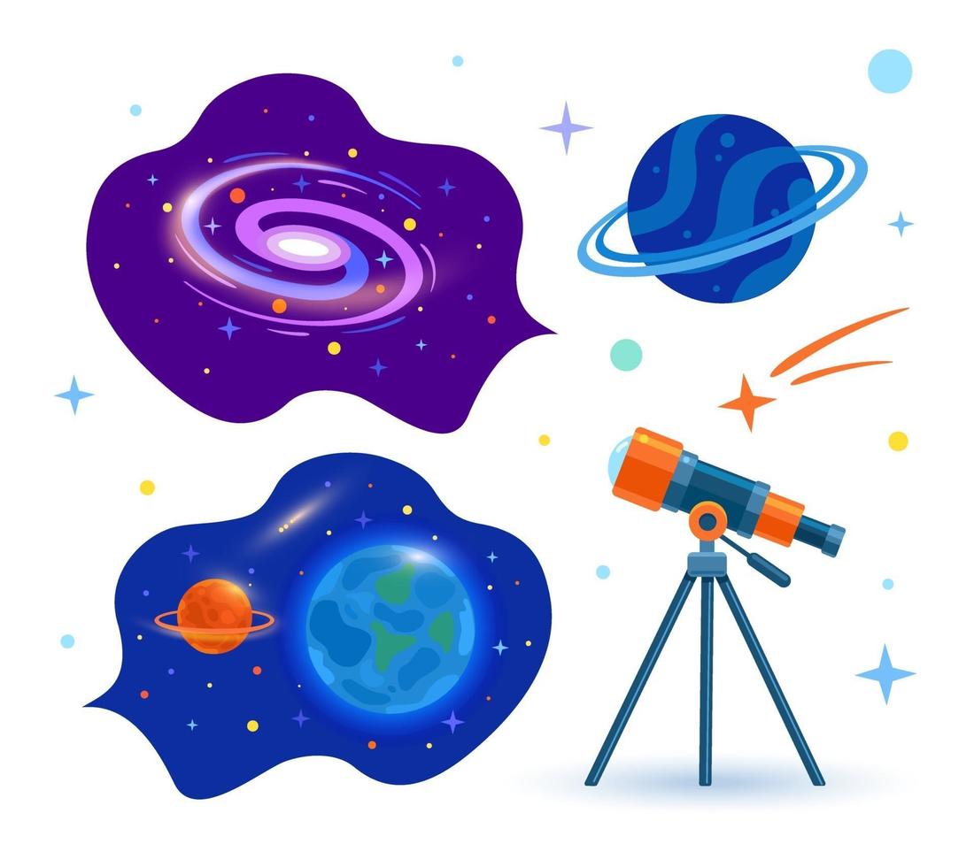 An astronomical telescope looks into space. Set. Planets, stars. vector