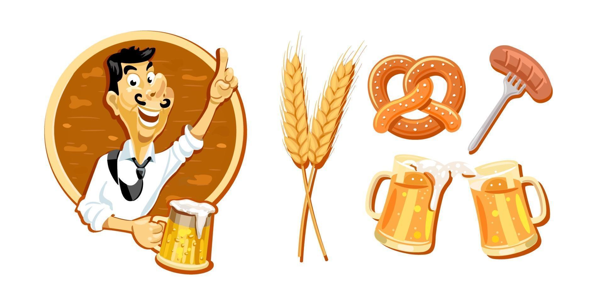 Cheerful man with a glass of beer, beer set from different items. vector