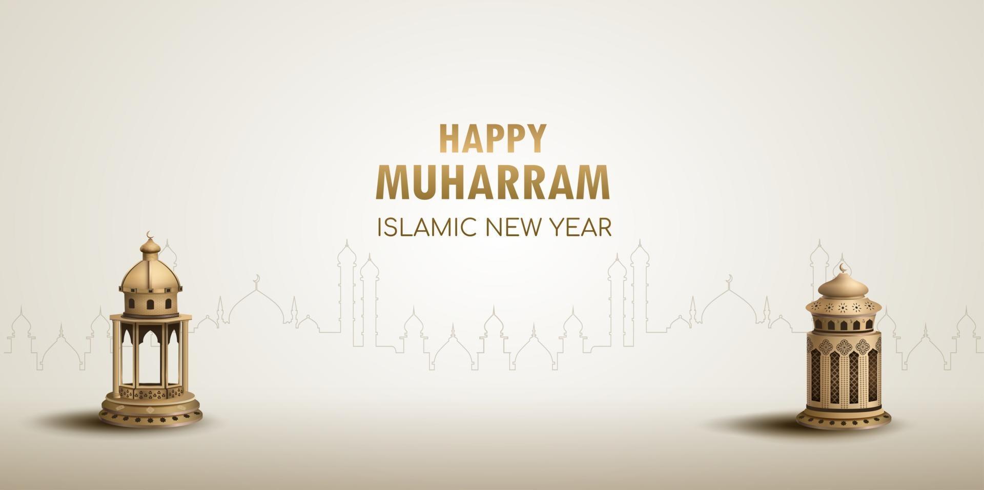 happy muharram islamic new year card design with two gold lanterns vector