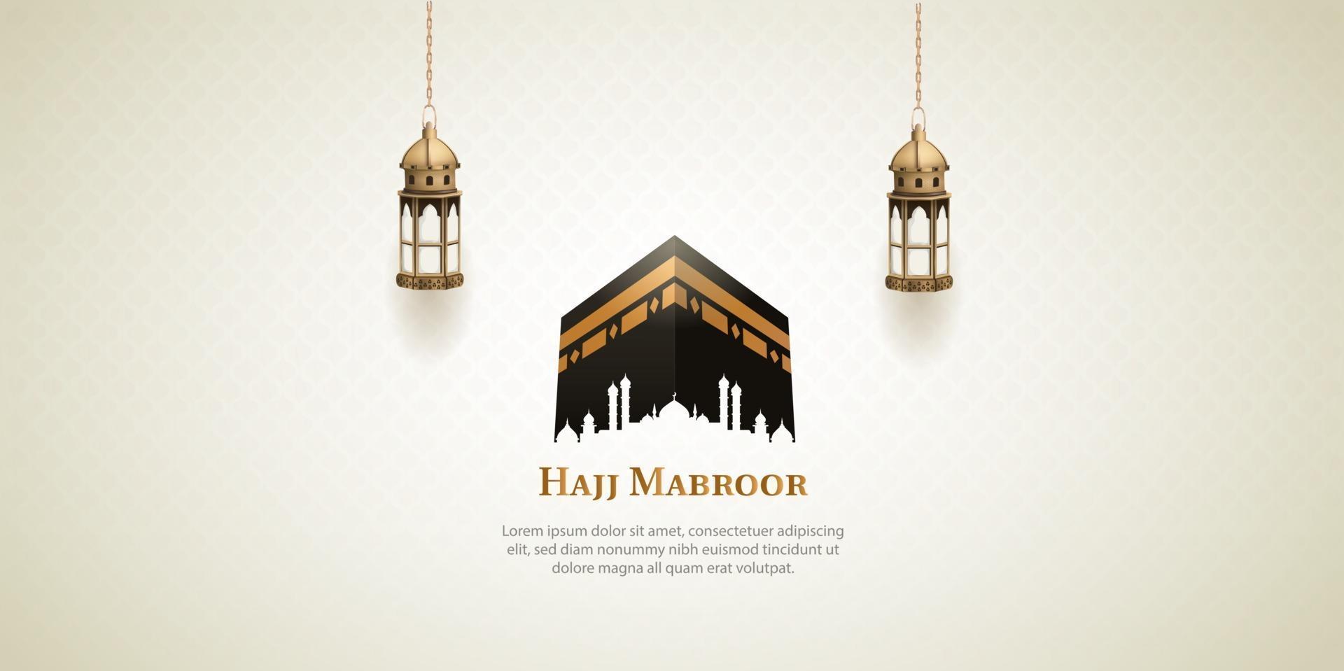 islamic hajj pilgrimage card design with lanterns and holy kaaba vector