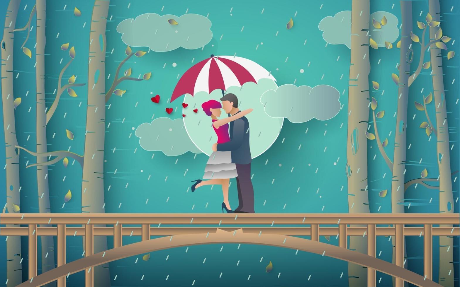 Ilustración de pareja romántica en el bosque lluvioso vector