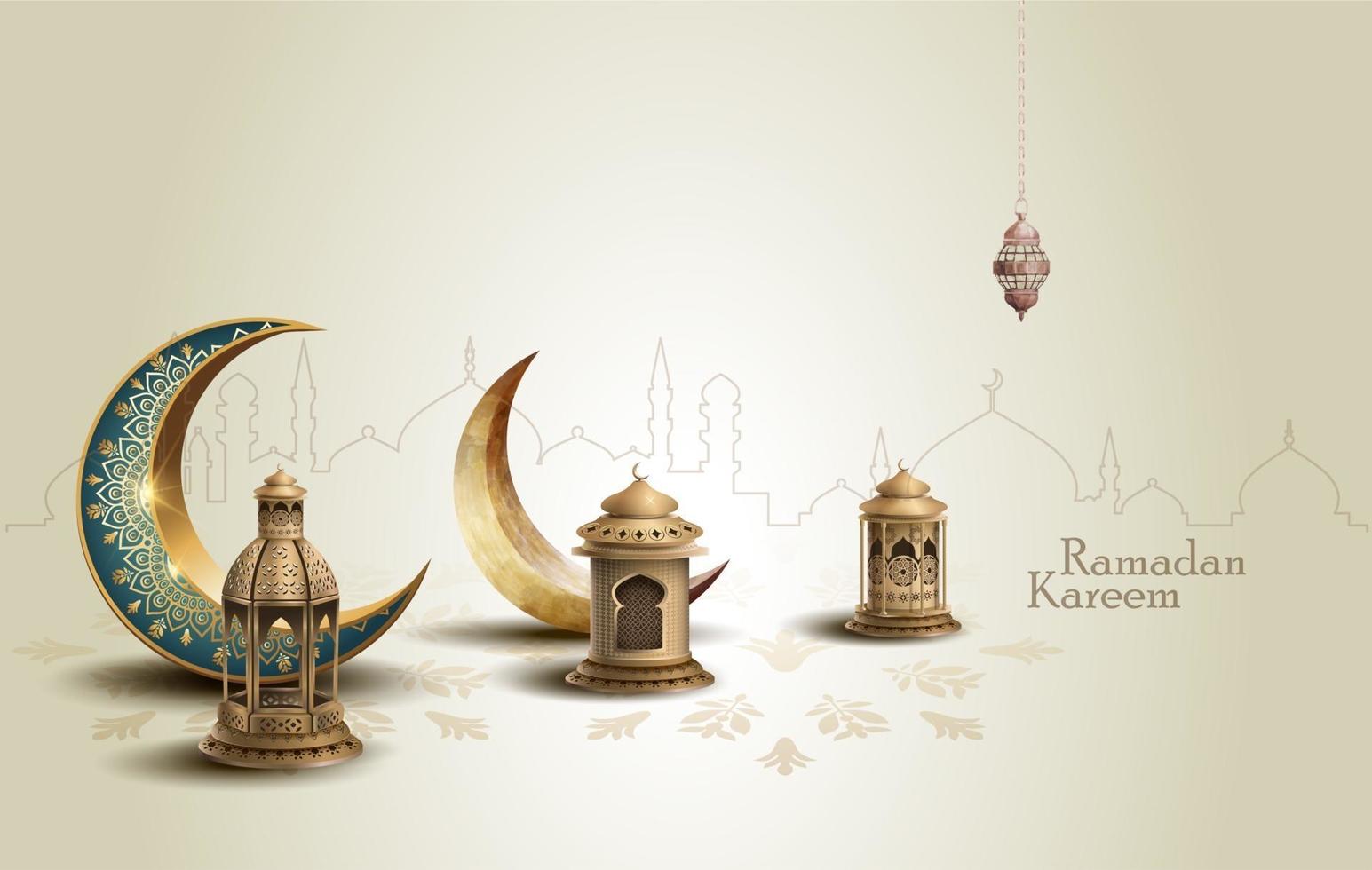 Islamic ramadan card design with lanterns and crescent vector