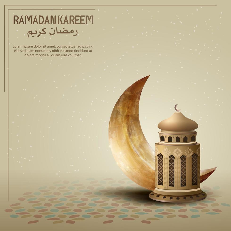 ramadan kareem card design background with gold lantern and crescent vector