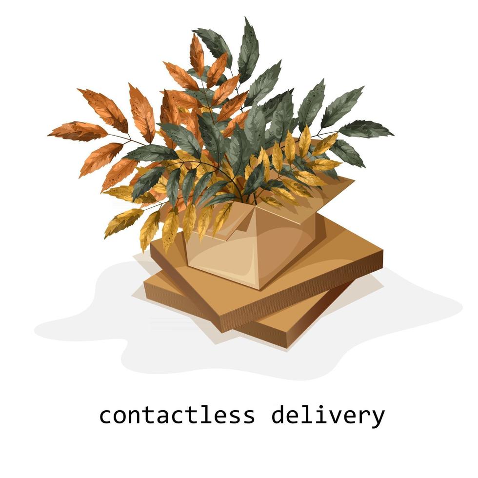 corrugated cardboard box with sprigs of a plant with an inscription vector