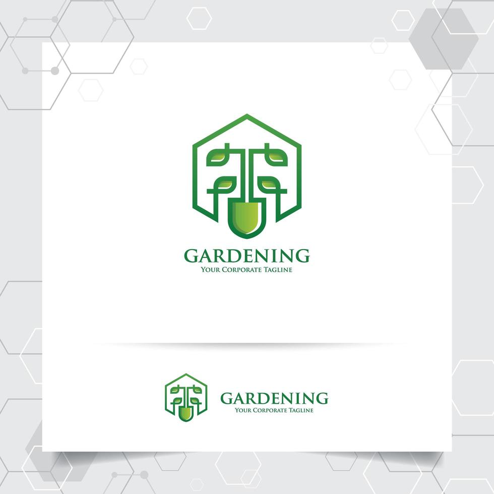 Diseño de logotipo de agricultura con icono de herramientas de jardinería y vector de hojas.