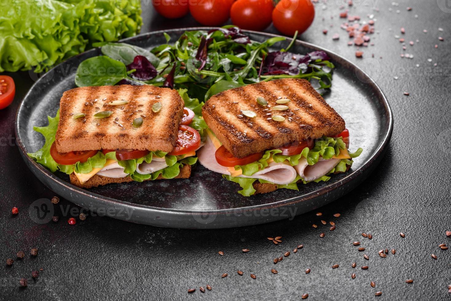 Delicious sandwich with crisp toast, ham, lettuce and tomatoes photo