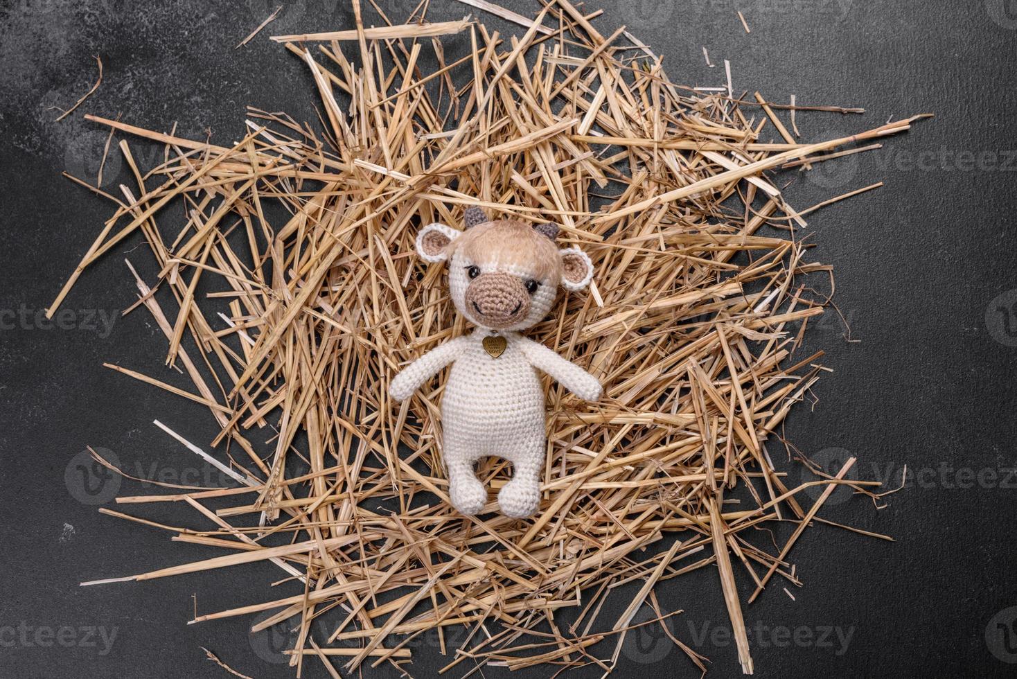 Knitted toy bull of light threads on a dark background photo