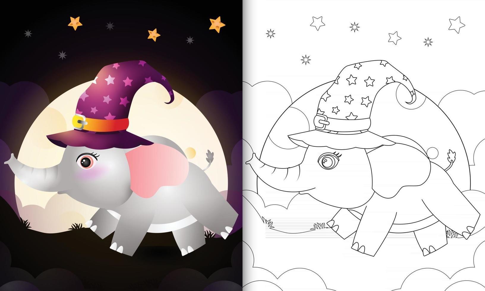 coloring book with a cute cartoon halloween witch elephant vector