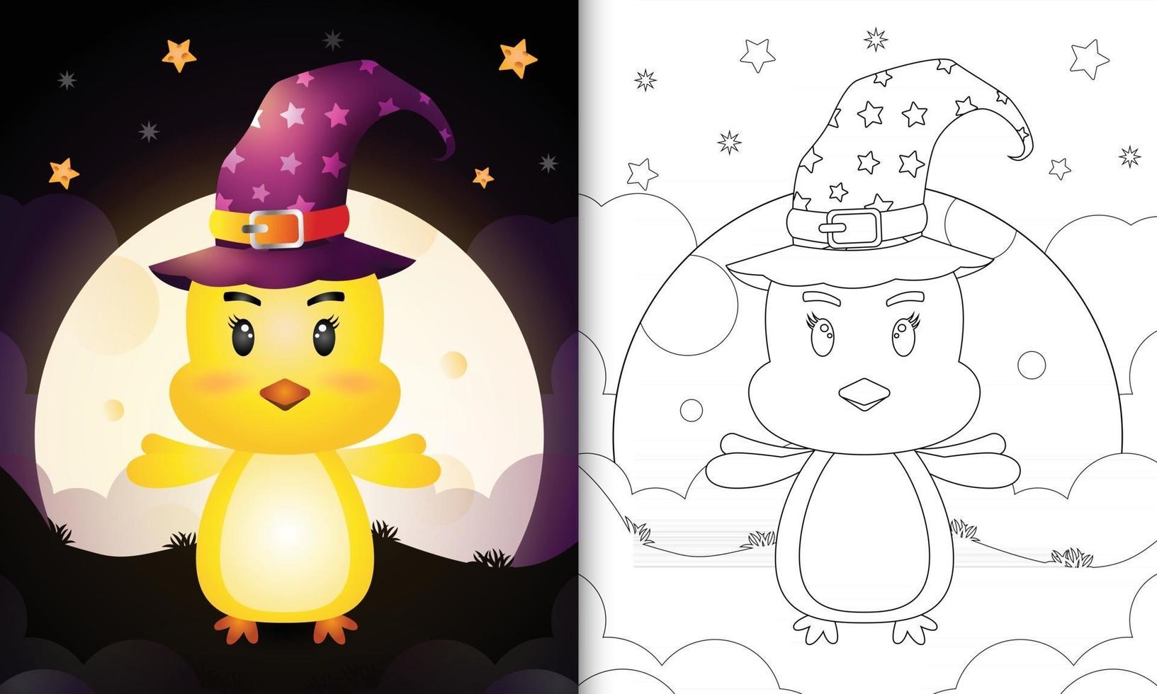 coloring book with a cute cartoon halloween witch chick front the moon vector
