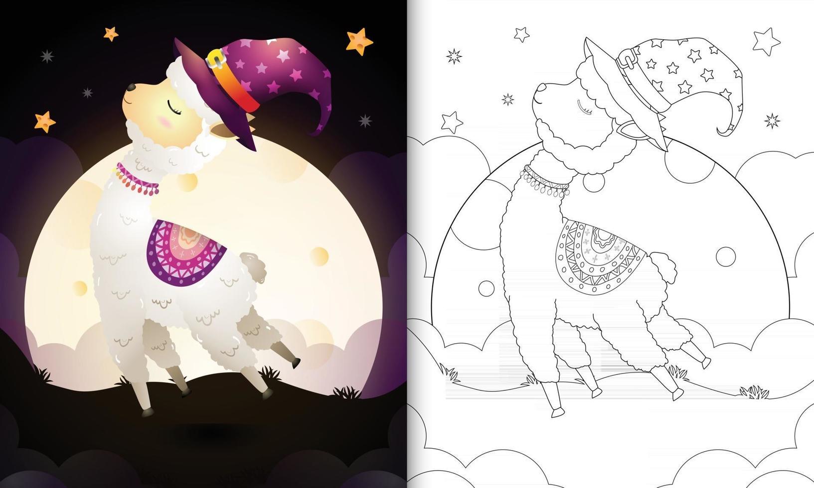 coloring book with a cute cartoon halloween witch alpaca vector