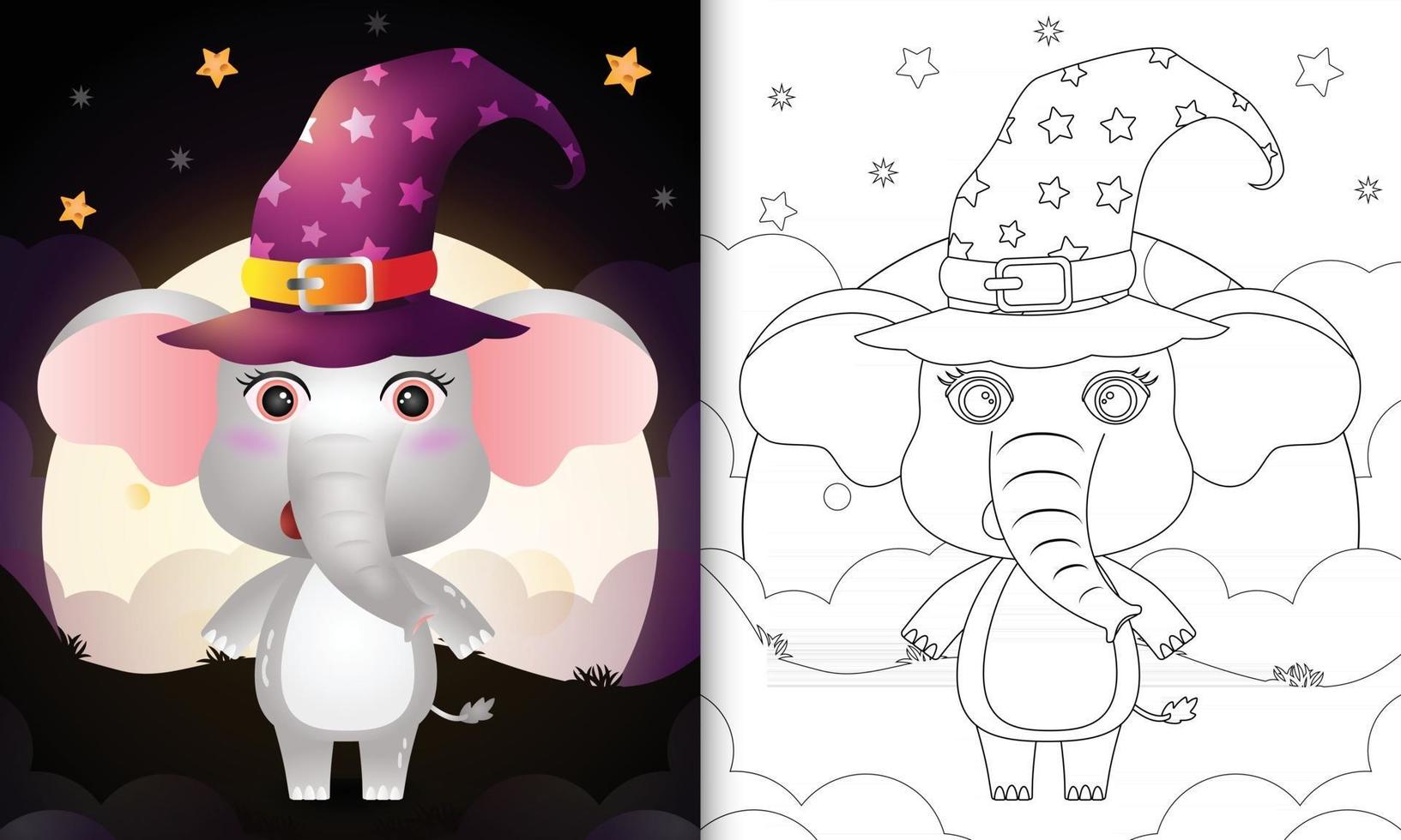 libro para colorear con un elefante de bruja de halloween de dibujos animados vector