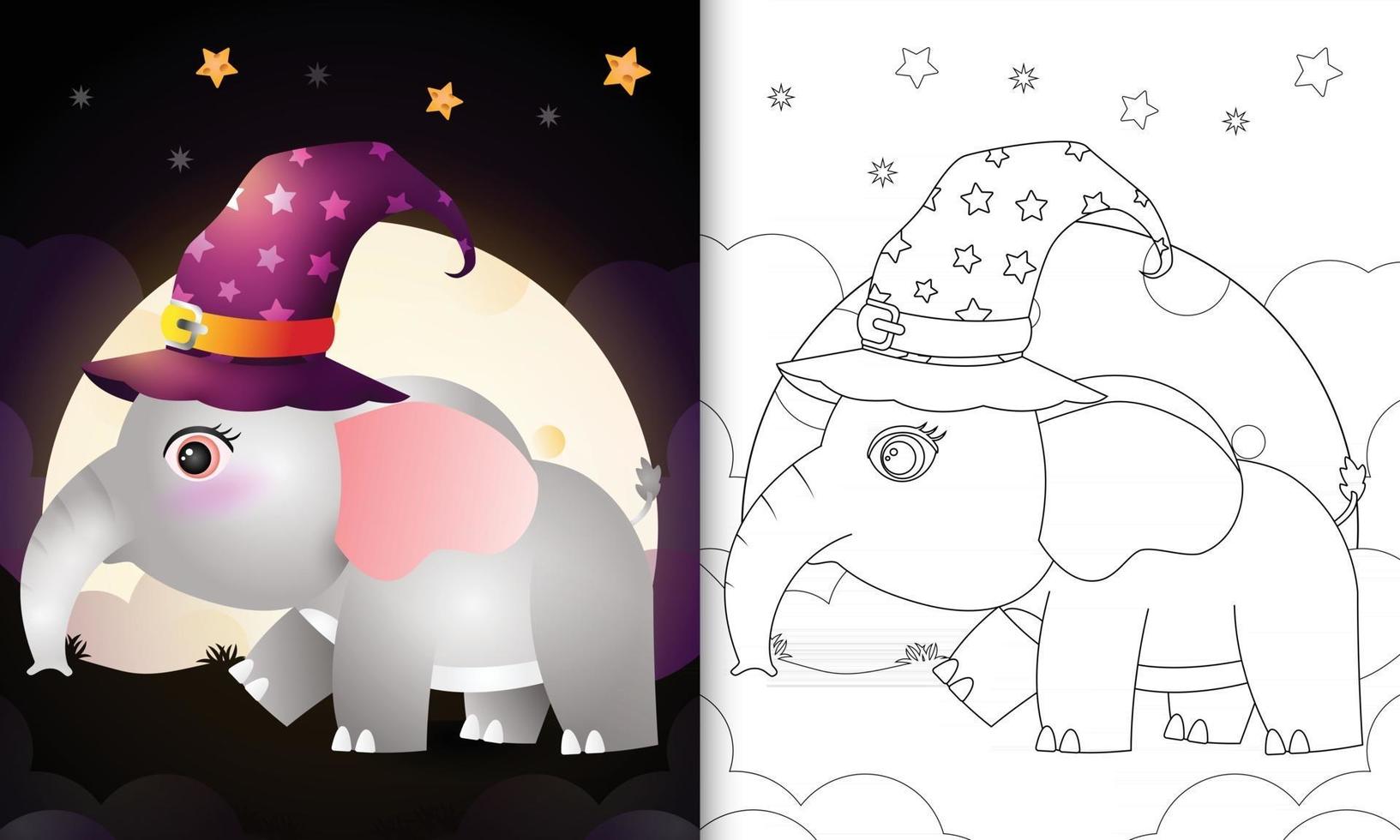 coloring book with a cute cartoon halloween witch elephant vector