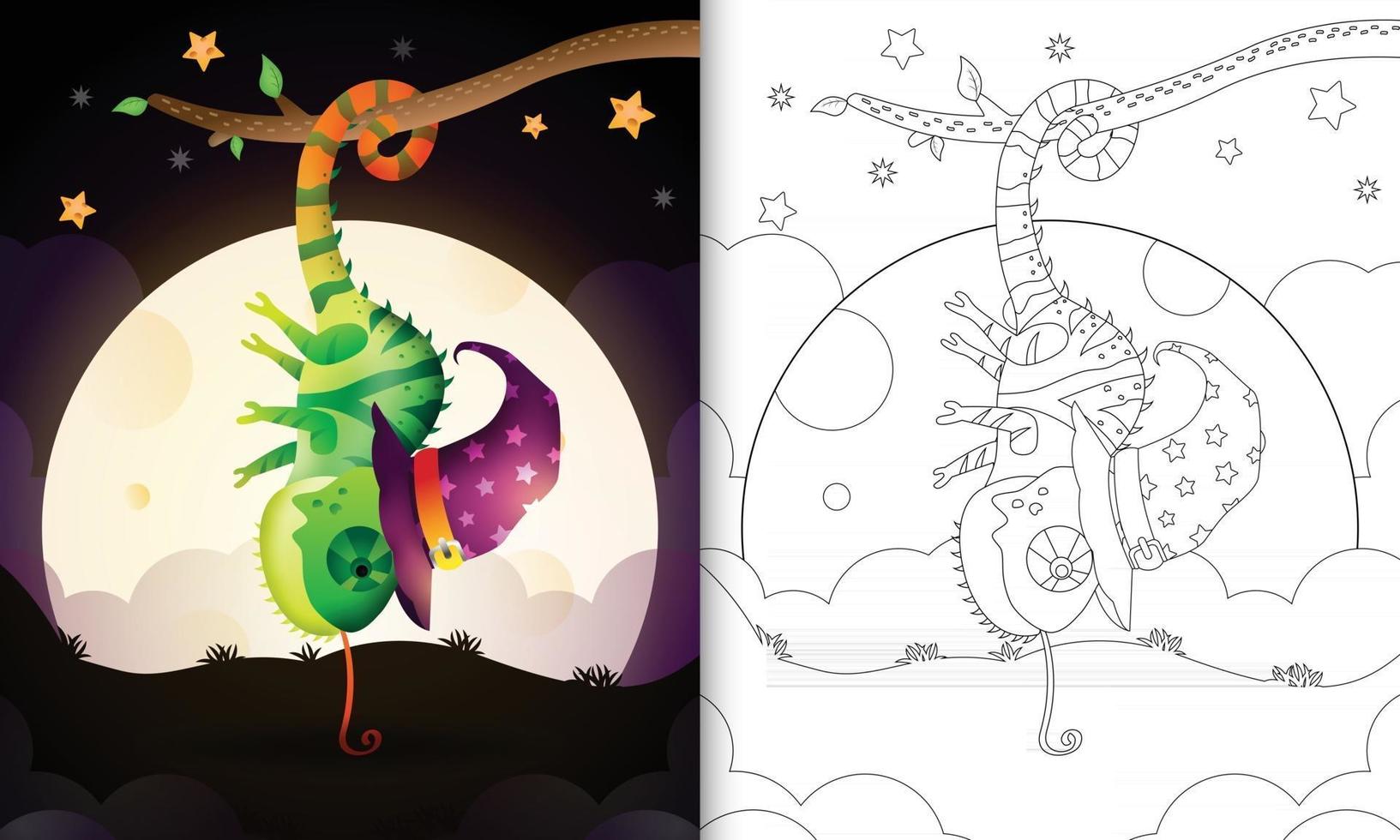 coloring book with a cute cartoon halloween witch chameleon vector