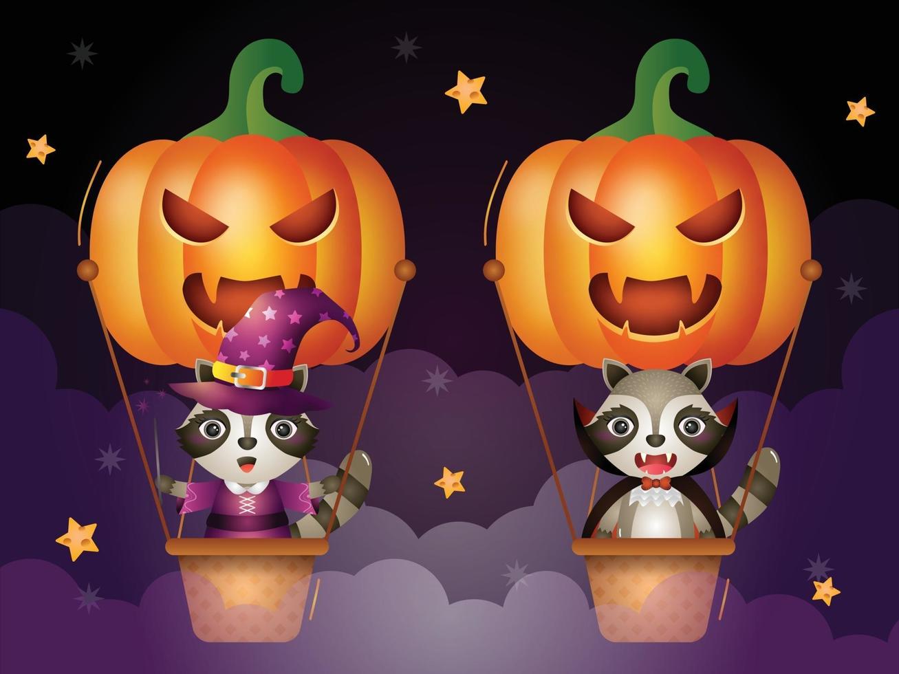 Cute raccoon on pumpkin air balloon vector