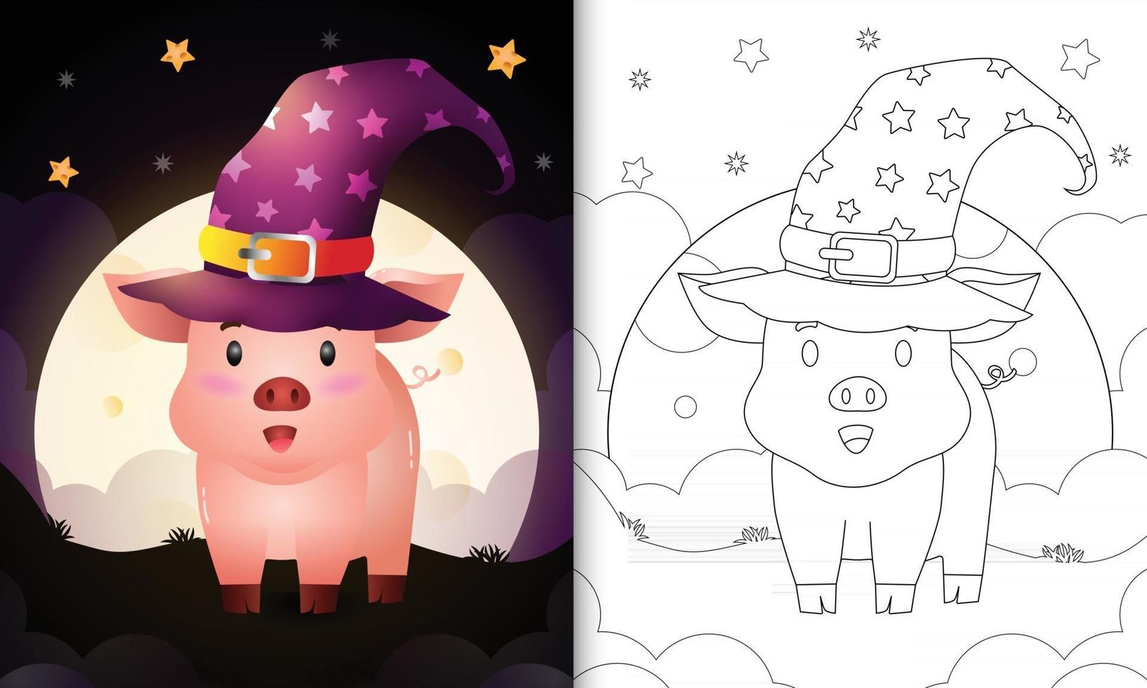 coloring book with a cute cartoon halloween witch pig front the moon vector