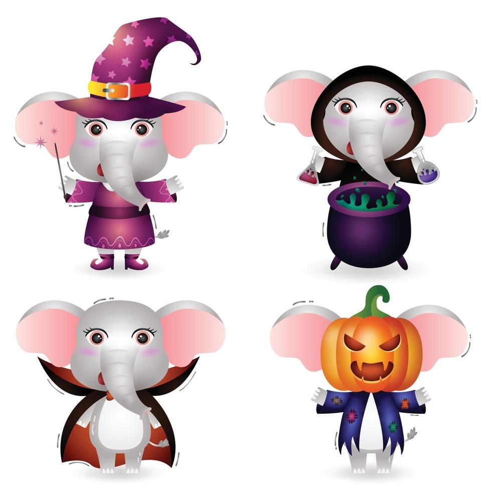 lindo elefante con disfraz colección de personajes de halloween vector