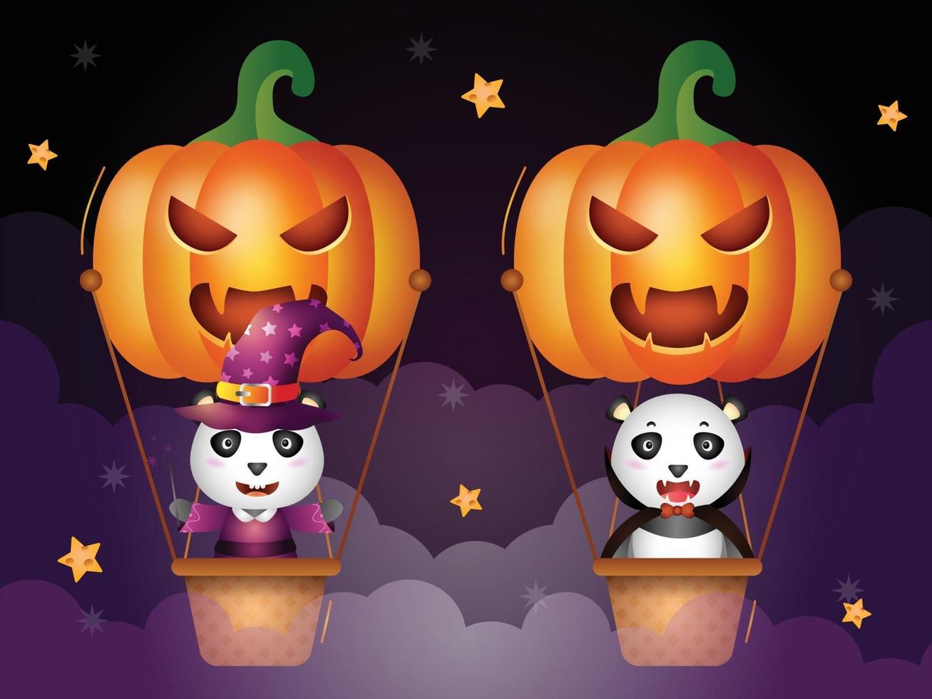 Cute panda on pumpkin air balloon vector