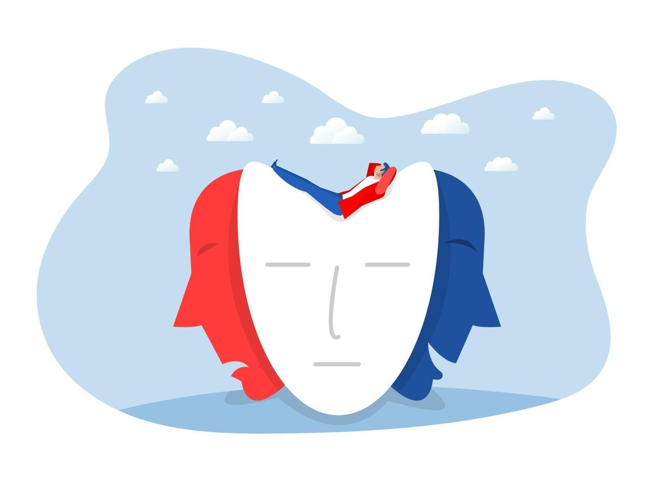 Businessman searching identity masks with happy or sad expressions, vector