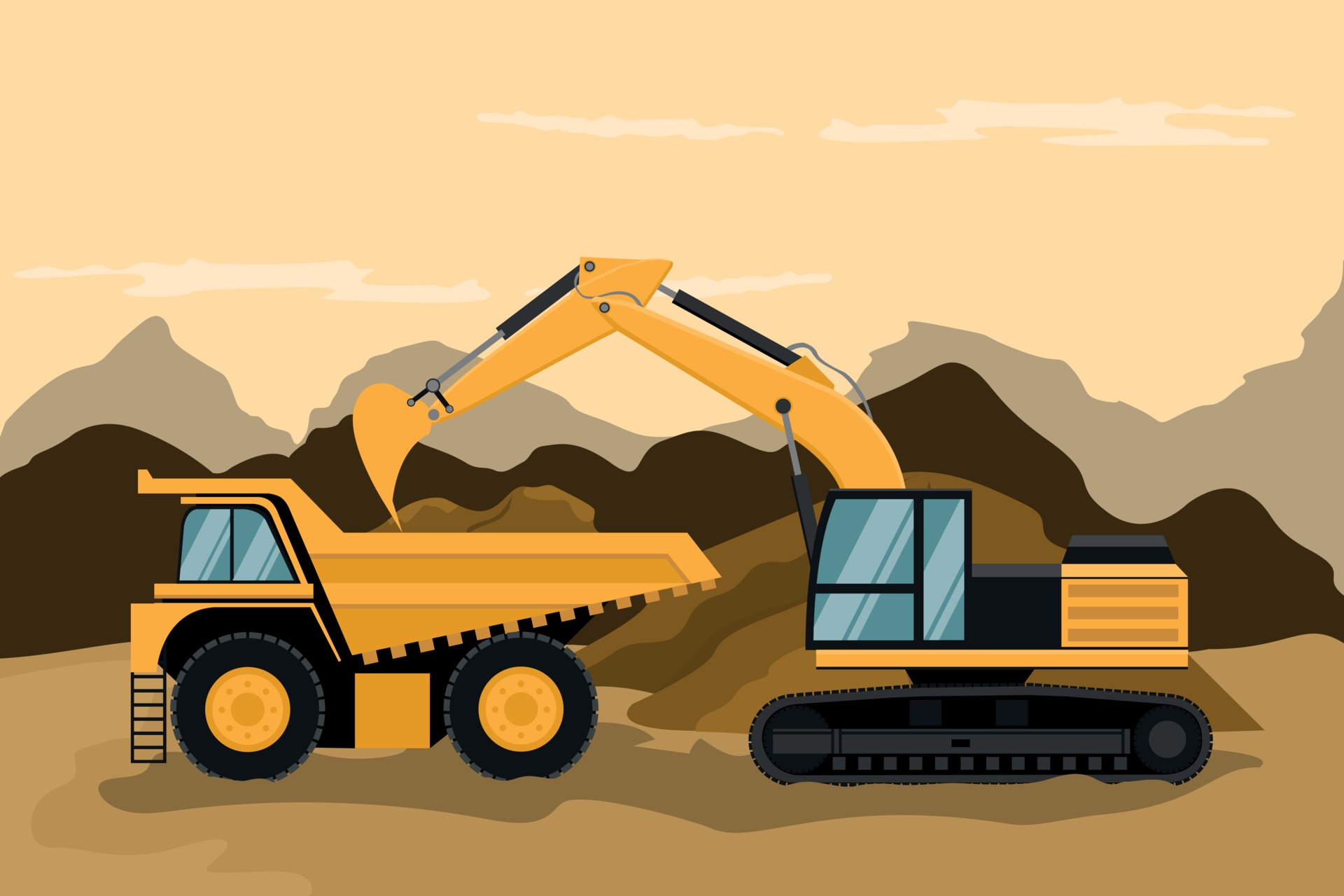 Mining truck and caterpillar backhoe doing construction 2975763 Vector ...