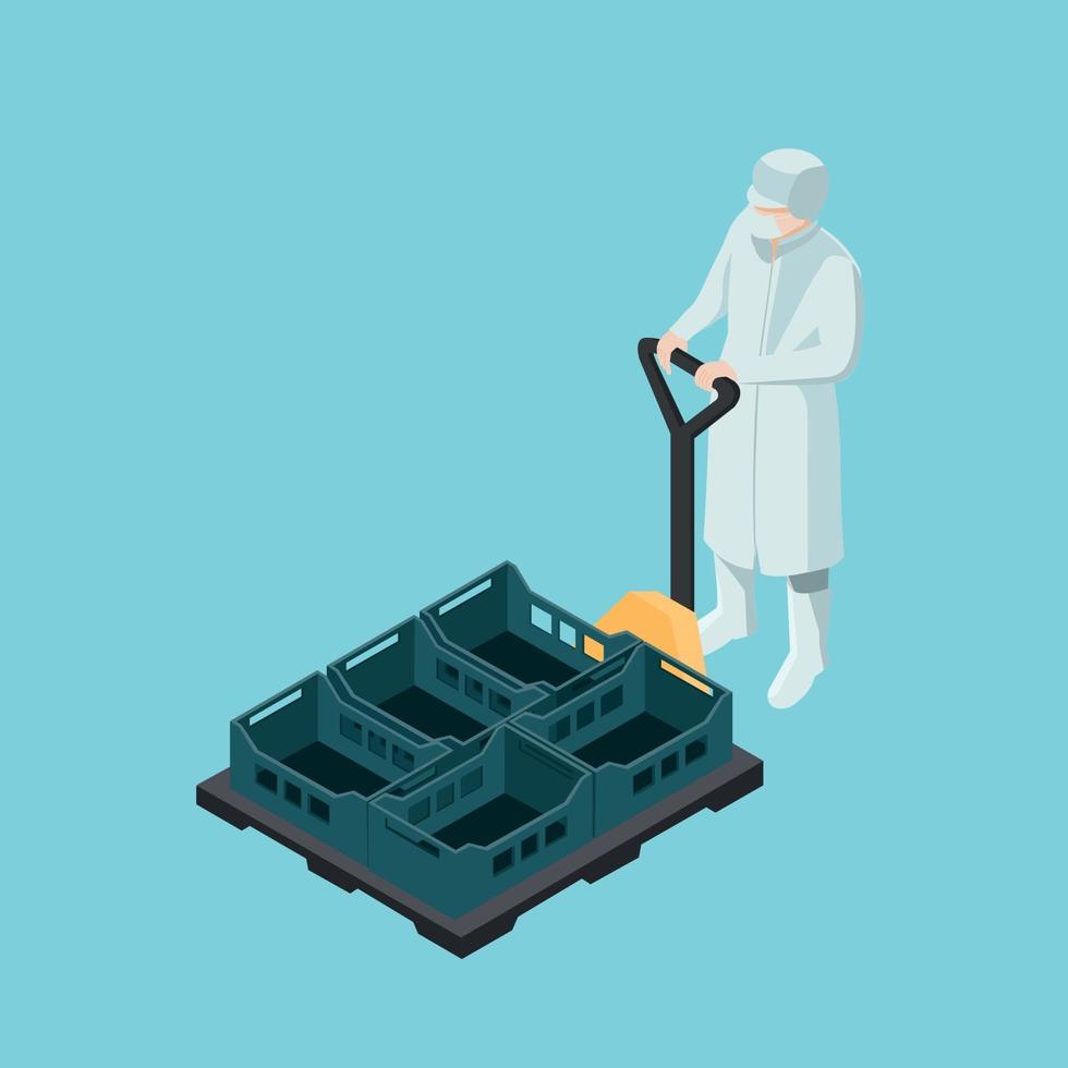 Food industry worker driving a manual forklift with plastic boxes vector