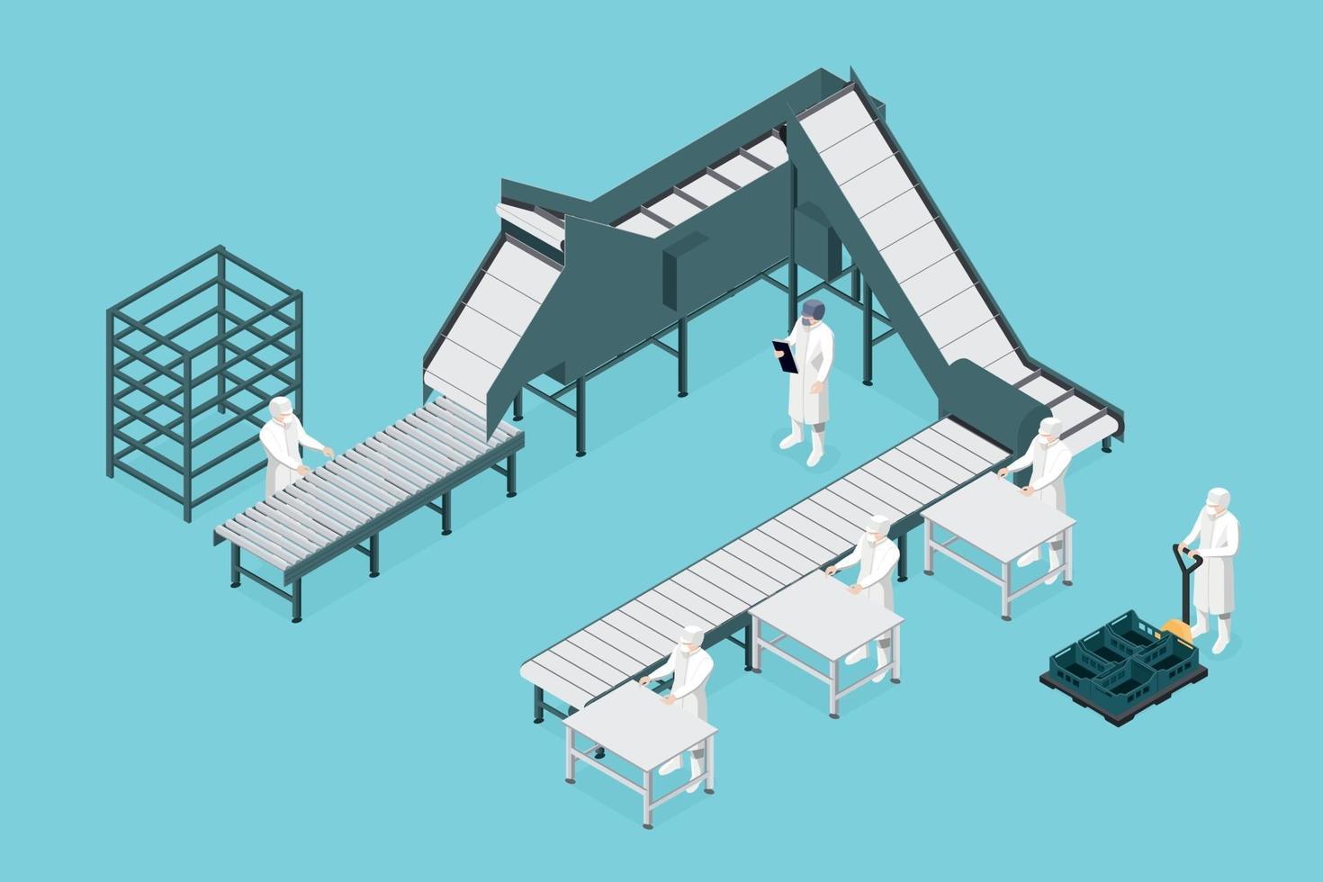 Process line in the food factory isometric. Food industry vector
