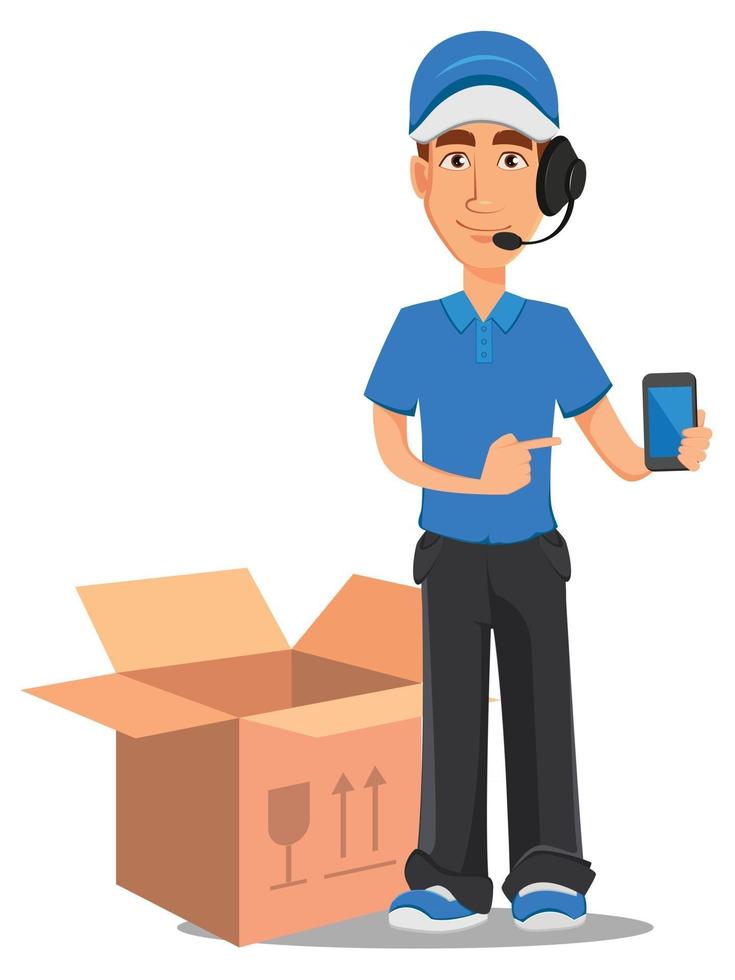 Smiling delivery man in blue uniform vector