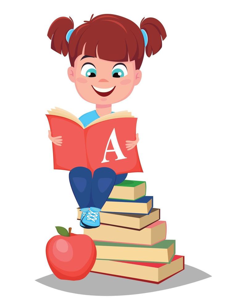 Cute girl holding primer and sitting on a stack of books vector