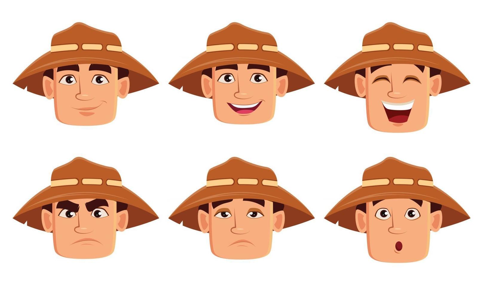 expresiones faciales del granjero con sombrero vector