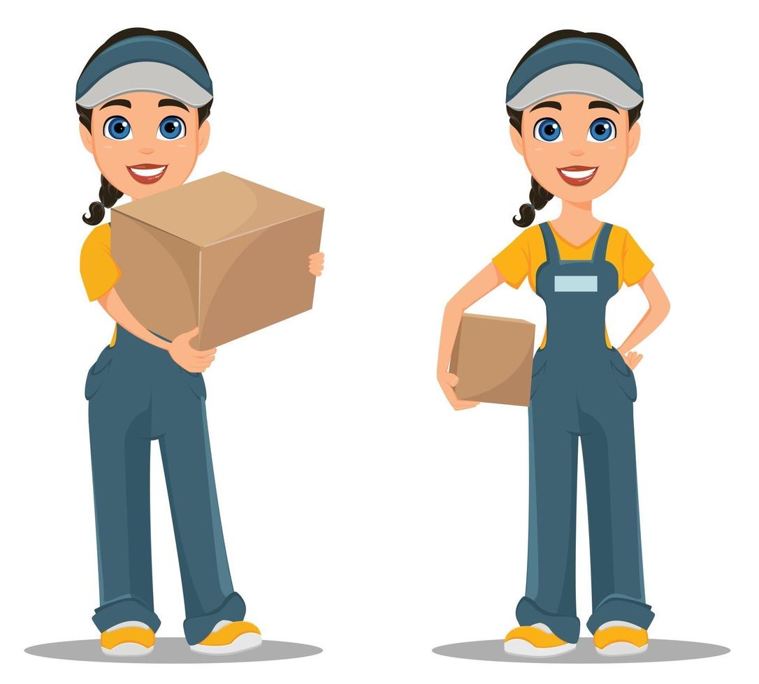 Courier woman holding carton box. Set. Professional fast delivery. vector