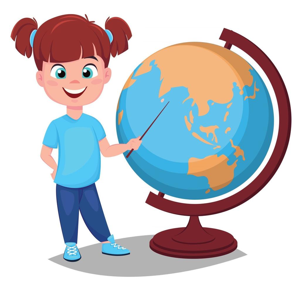 Cute girl points to the globe with a pointer vector