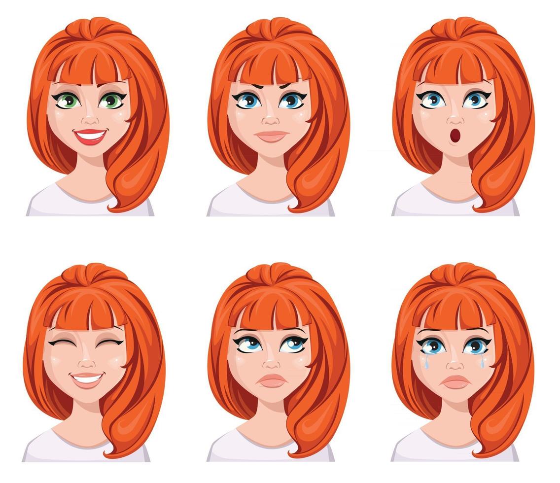 Face expressions of a redhead woman. Different female emotions, set. vector