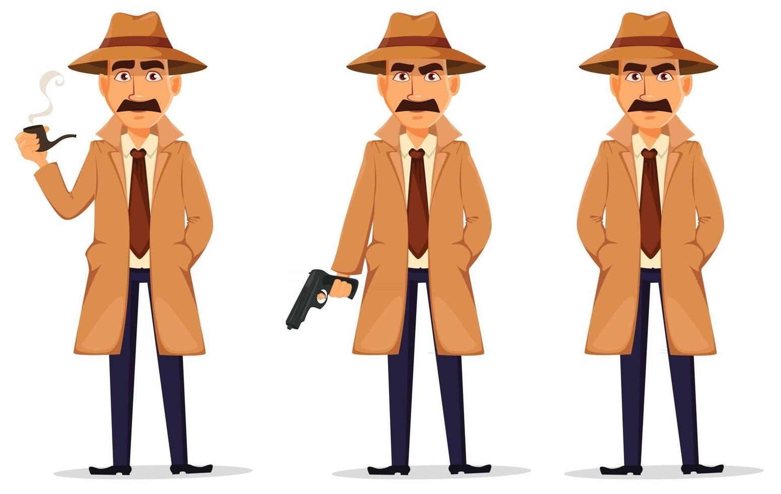 Detective in hat and coat. Handsome character vector