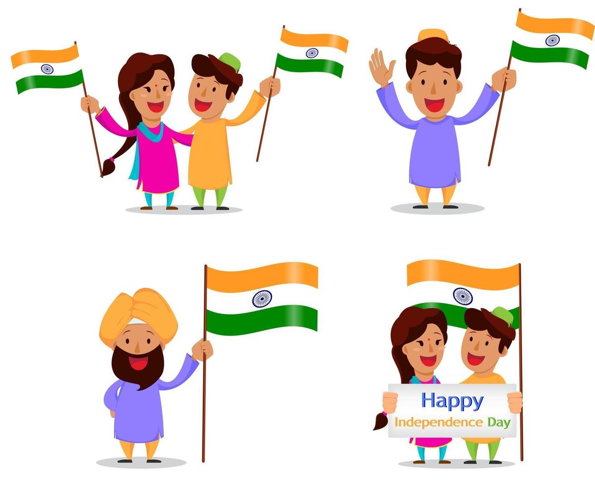 Independence Day in India. Greeting card with funny cartoon characters vector