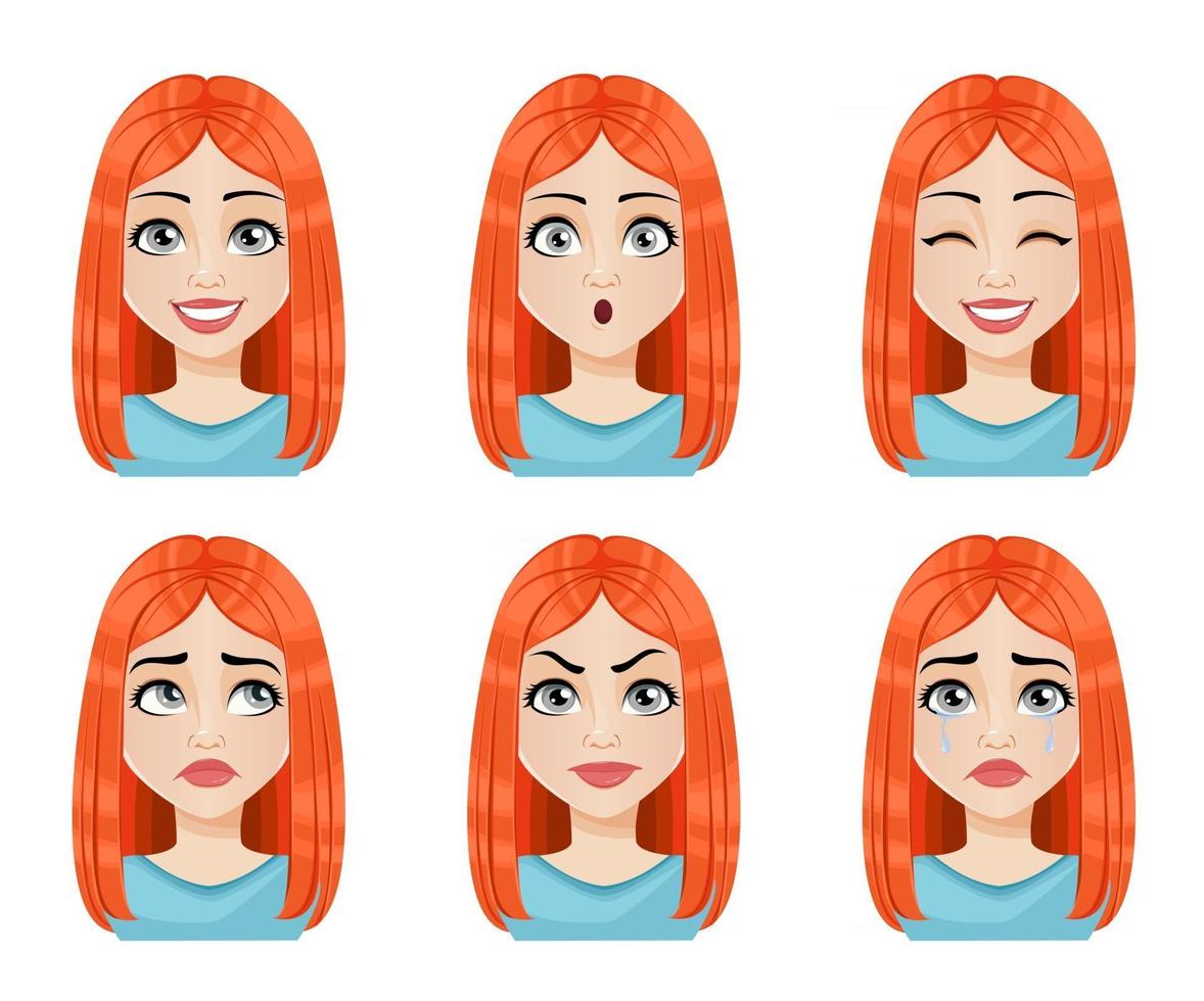 Face expressions of beautiful redhead woman vector
