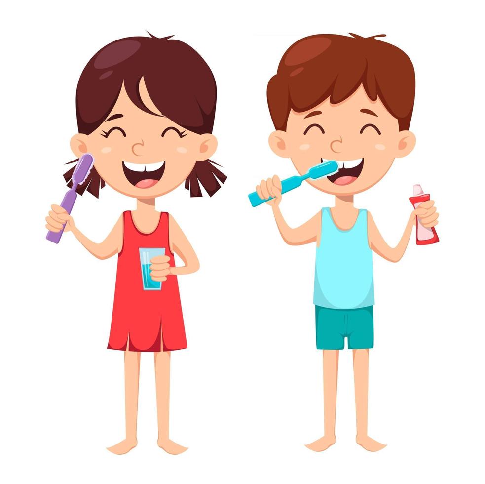 Higiene dental diaria. niño y niña cepillarse los dientes vector