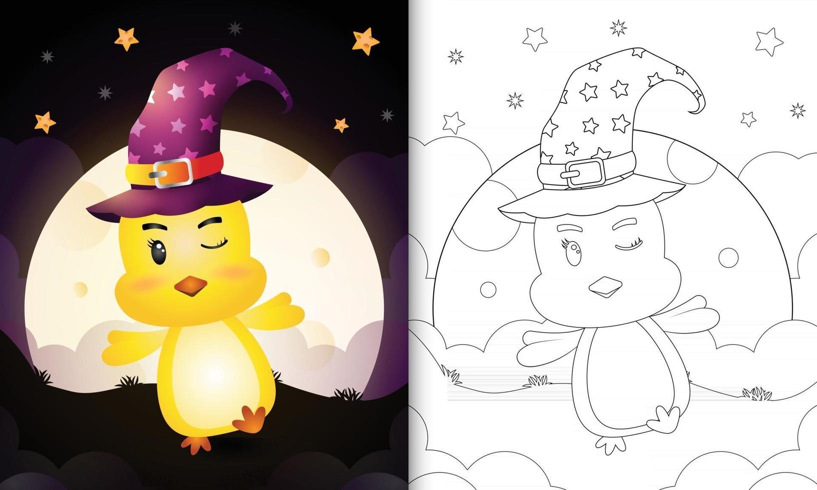 coloring book with a cute cartoon halloween witch chick front the moon vector