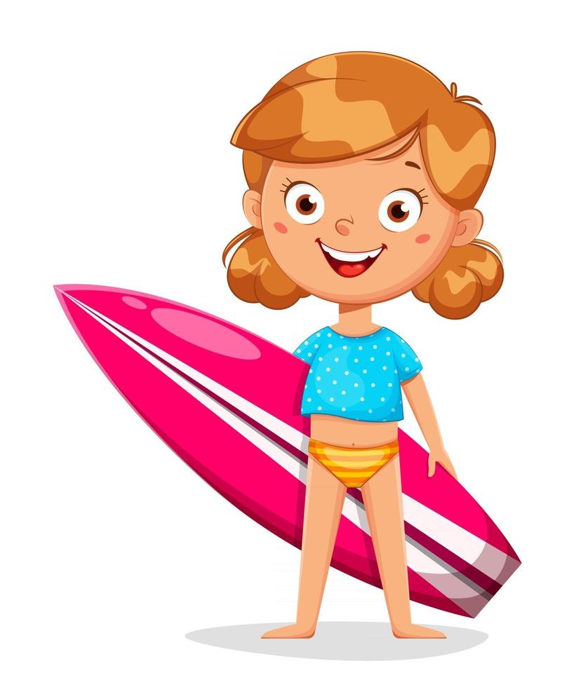 lindo personaje de dibujos animados de niña con tabla de surf vector