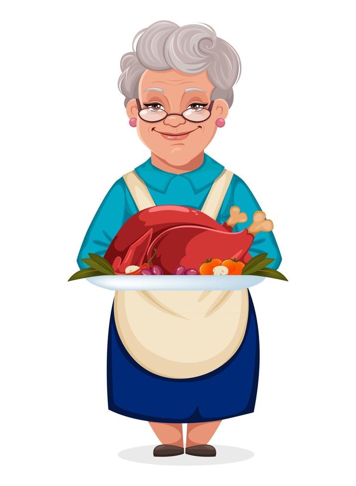 Cute grandmother holding plate with cooked turkey vector