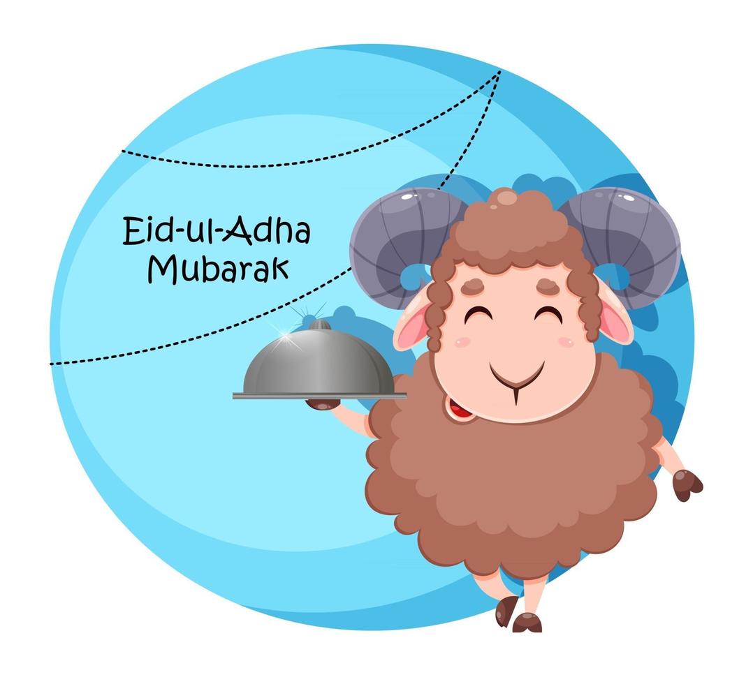 Eid Al Adha Mubarak greeting card. Cartoon sheep vector