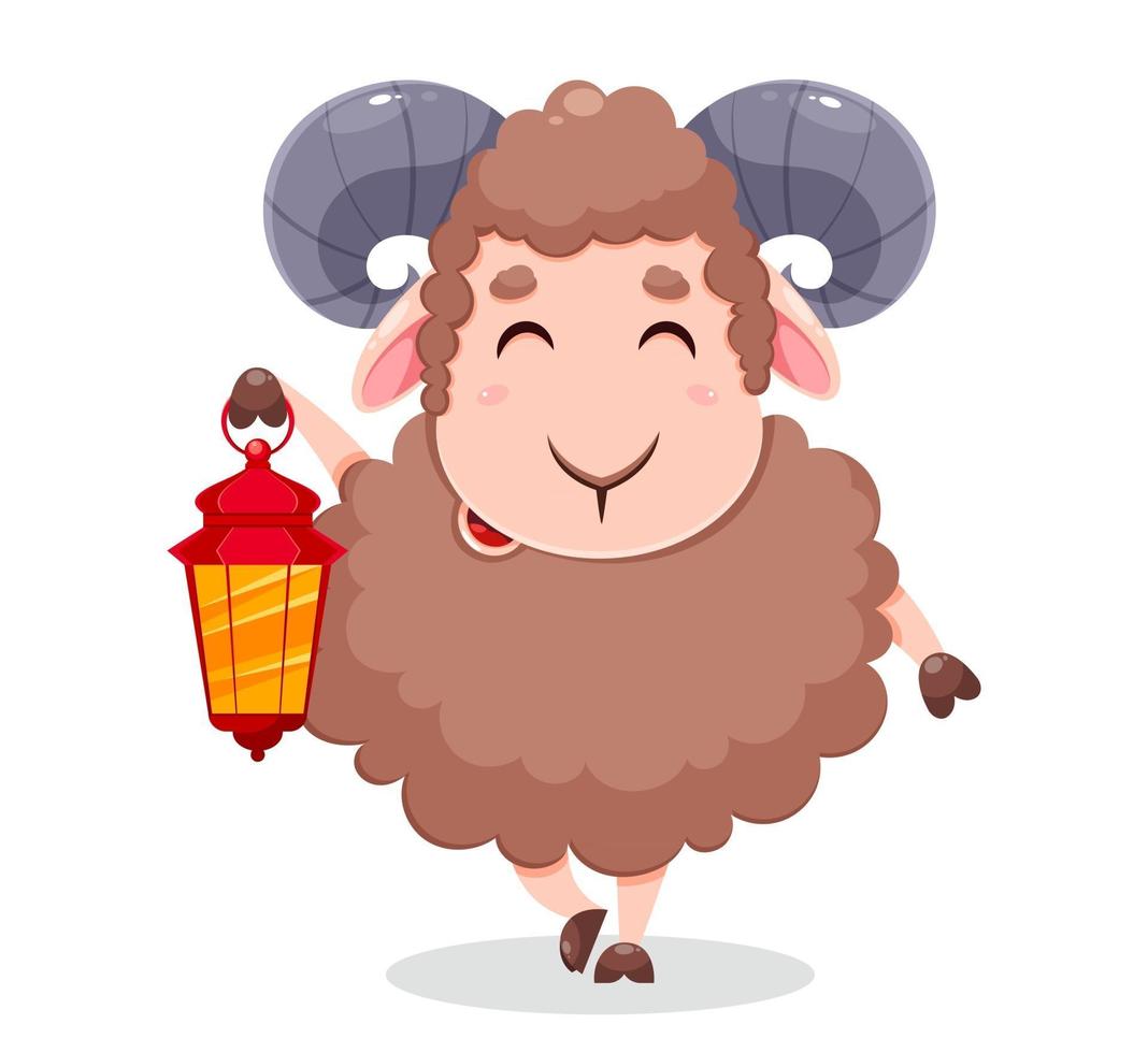 Eid Al Adha Mubarak greeting card. Cartoon sheep vector