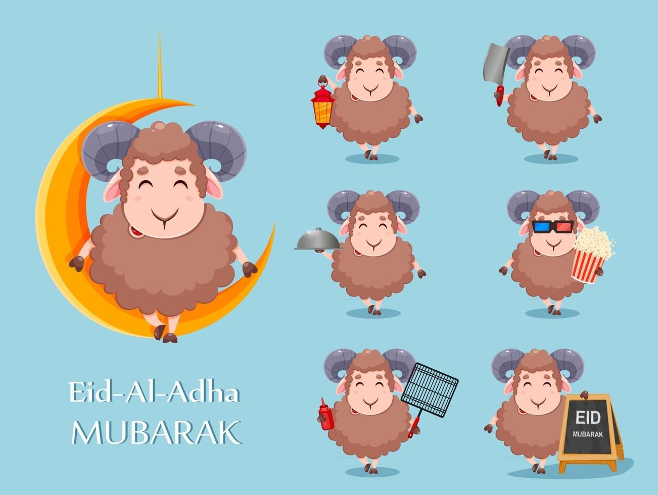 Eid Al Adha Mubarak greeting card. Cartoon sheep vector